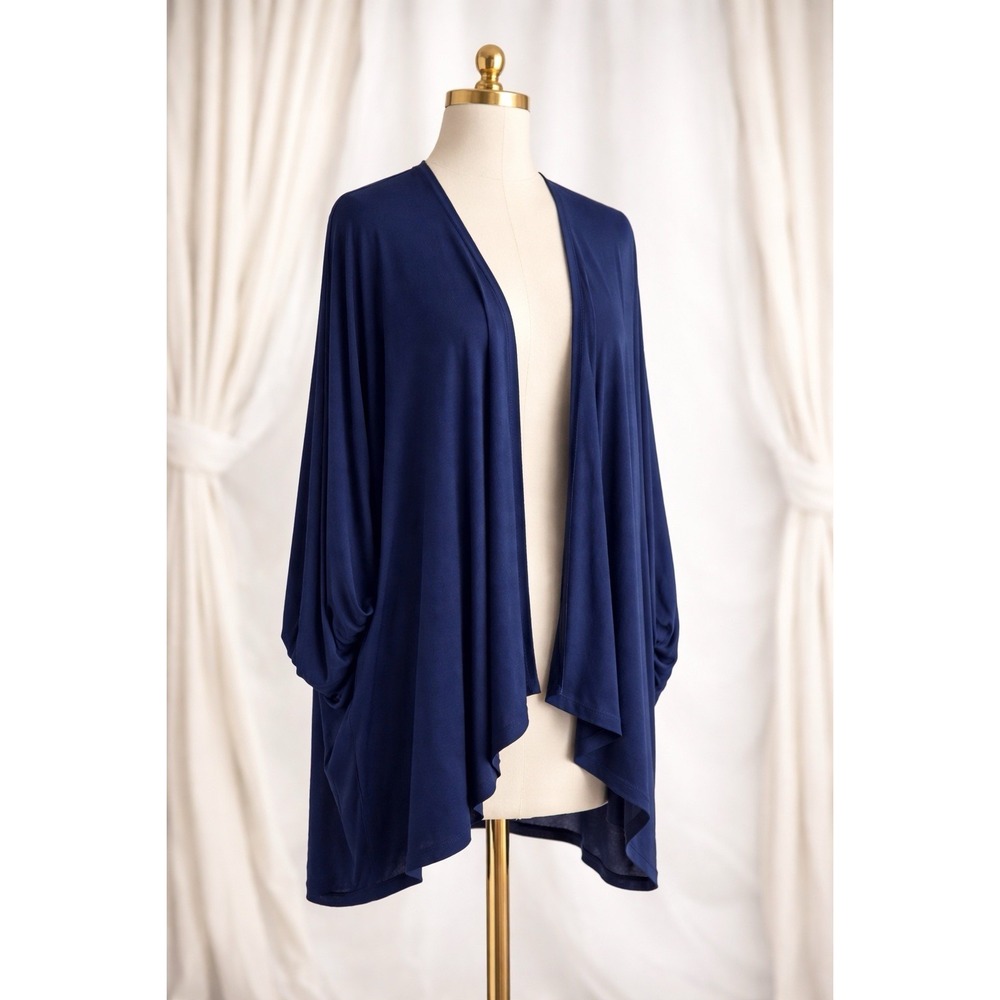Susan Graver Weekend Navy Blue Flowy Open Front Cardigan Topper Pockets Size XLP